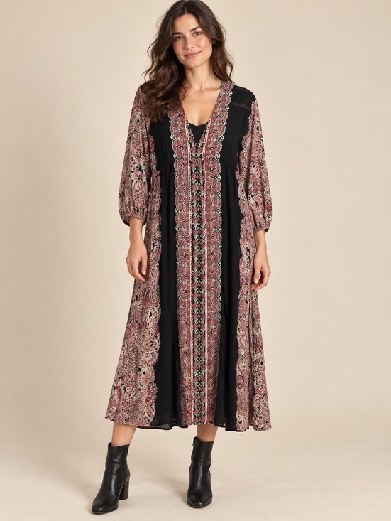 Free People Dresses & Skirts - Free People Black Burgundy Paisley V-Neck Boho Midi Dress Small